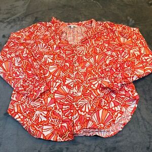 Alex & Jordan Red Floral‎ Print Ruffle Neck Button Down Blouse Womens Large
